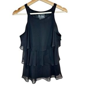 SL Fashion Womens Top Sz 10 Black Ruffle Sheer Satin Y2K Fairyβ Whimsigoth Artsy